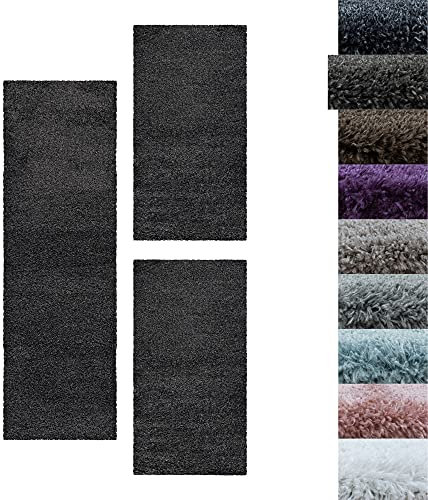 SIMPEX Bettumrandung Schlafzimmer 3teilig Shaggy Hochflor Teppich Grau Bettset: 2 mal 80x150 + 1 mal 80x250 - Schlafzimmer Teppich 3 Teilig Läufer Extra Weich Flauschig Bettvorleger Läuferset Halı