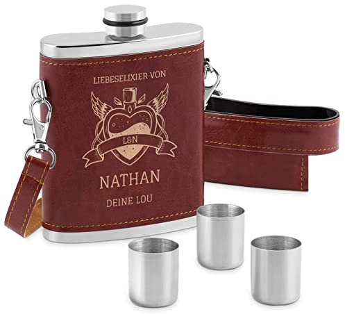 Maverton Flachmann mit Gravur - personalisiert - 250 ml - 3x10 ml Becher - aus Edelstahl - Ledertasche mit Riemen - Geburtstagsgeschenk für Männer - Farbe: Silber/Braun - Liebeselixir