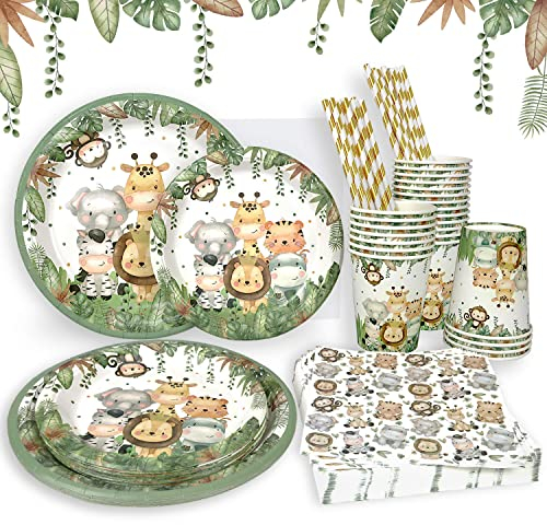 100pcs Dschungel Safari Partygeschirr Set für 25 Gäste, wiederverwendbare Pappteller Tassen Servietten für Wild One Geburtstag Deko Junge Mädchen