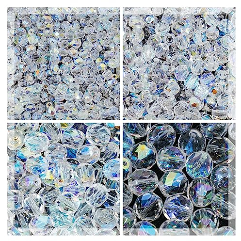 275 pcs set of Czech Faceted Glass Beads, Fire-Polished Round Crystal AB - 3mm (100pcs), 4mm (100pcs), 6mm (50pcs), 8mm (25pcs) kit for jewelry making