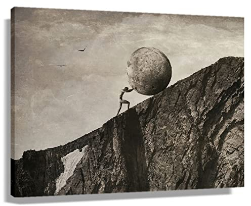 Autlry Sisyphus Poster Vintage Gerahmte griechische Wandkunst Griechische Mythologie Poster Sisyphus Kunst Leinwand Abstrakte Malerei Bilder für Schlafzimmer Wanddekoration Gerahmt (40,6 x 61 cm)