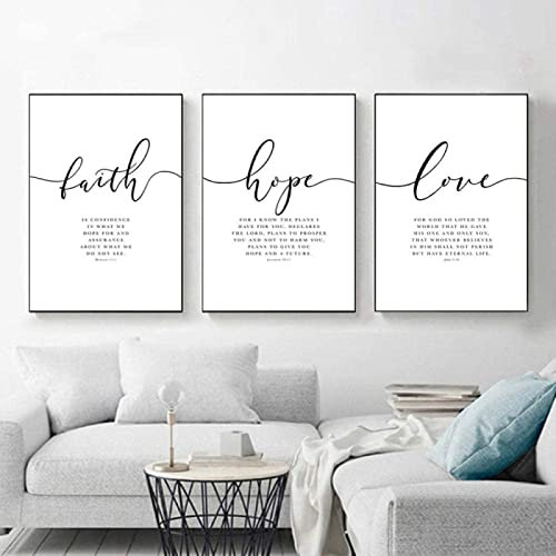 HMXQLW Leinwandbilder Glaube Hoffnung Liebe Bilder, Bibel Vers Wohnzimmer Wandkunst Poster, Schlafzimmer Wohnzimmer Wandbilder Malerei Dekoration 3er Kein Rahmen (20X30CM)