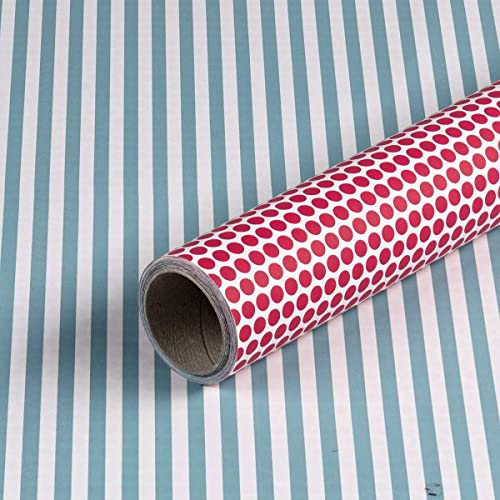 Geschenkpapier hellblau gestreift und rot gepunktet, Geburtstagspapier, 0,7 x 10 m
