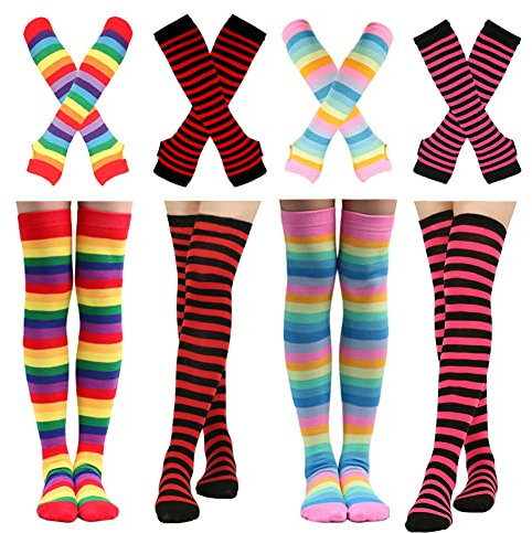 Barrlves 2/4 Sets Womens Striped Knee High Socks Long Knitted Arm Warmers Fingerless Gloves for Halloween Costume, 4sets Striped Rainbow Red+rainbow Pink+red+rose, One Size