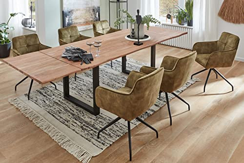 SAM 7tlg. Essgruppe Norina 180 (280) x 90 cm, Akazienholz stonefarben + massiv, Esszimmertisch mit 2 Ansteckplatten, Baumkantentisch mit U-Gestell in Schwarz, 6 x Armlehnstuhl Malaga