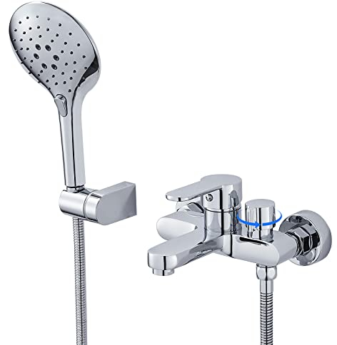 ROVOGO Badewannenarmatur mit 3-Funktionen Handbrause, Einhebel Wannenarmatur, Aufgerüstet Messing Drehbare Umstellung, Badewanne armatur mit Brausehalter und 150 cm Schlauch für Bad Dusche, Chrom