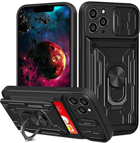 Aolcev for iPhone 11 Pro Max Case with Card Holder Wallet Case with Camera Cover Ring Kickstand Heavy Duty Hard PC Soft TPU Bumper Armor Shockproof Protective Case Cover for iPhone 11 Pro Max-Black