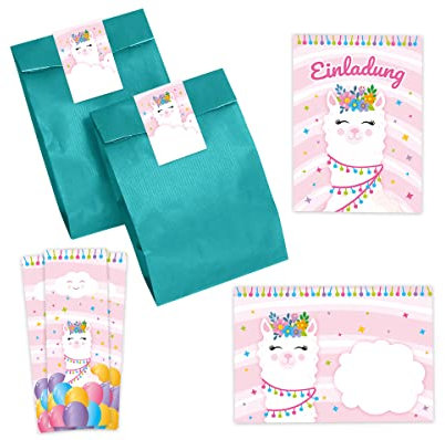 Minkocards 12 Einladungskarten zum Kindergeburtstag Mädchen Lama incl. 12 Umschläge, 12 Partytüten/petrol, 12 Aufkleber, 12 Lesezeichen Einladungsset