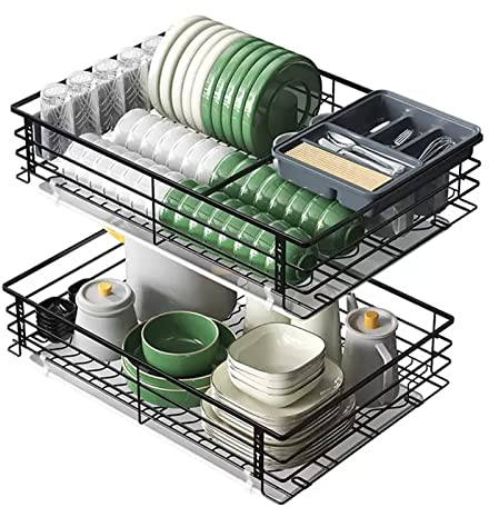 IMPREC Rangement Coulissant Cuisine, Armoire Pull-Out 2-Tier Bowl Pull Basket Pull-Out Pot Basket Storage Basket Heavy Duty Metal Sliding Baskets (Color : Black, Size : 900)