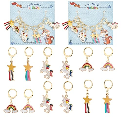 nbeads 24 Stück Regenbogen Einhorn Stitch Marker, Legierung Emaille häkeln Stich Marker Charms 304 Edelstahl Verschluss Verriegelung Stich Marker für Stricken Weben Nähen Schmuckherstellung