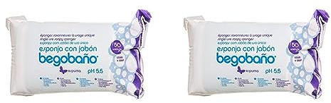 Begobaño Esponja Jabonosa Desechable. Esponja de Baño de Un Solo Uso con Gel Dermatológico e Hipoalergénico. 50 Unidades (Paquete de 2)