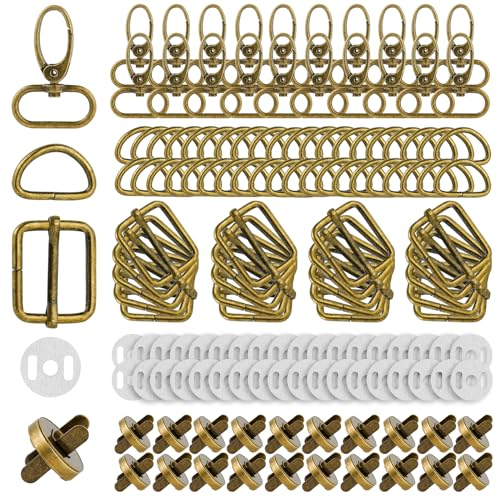 HOLDLEAF 140 Stücke Metall Drehbar Karabinerhaken D-Ringe Metall Schnallen Schieber Magnetknöpfe Set für Rucksack Gürtelschnallen Taschen Gürtel Handtaschen Bastelzubehör Karabiner Altmessing