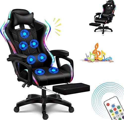 Gaming Chair with Footrest, Full Massage Chair with Bluetooth Speaker, LED Light Computer Chair with Lumbar Support and Backrest Adjustable,Black
