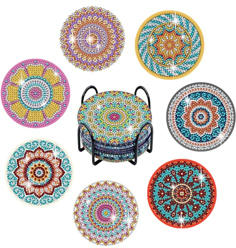 Diamond Art Untersetzer Runde Mandala Diamond Painting Untersetzer mit Halter und Korkrücken DIY Diamant-Malsets für Erwachsene und Kinder 8 Stück