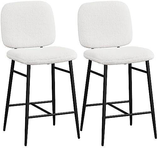 Yaheetech Lot de 2 Tabourets de Bar Rembourrés Siège en Tissu Bouclette Chaises de Bar Dossier Repose-Pied Tabourets Hauts de Cuisine à Quatre Pieds Métalliques pour Comptoir Salle à Manger Blanc