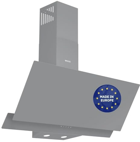 Wiggo A942G Dunstabzugshaube 90cm kopffrei I Abluft Umluft Dunstabzug 626m³/h - Touch-Display 4 Stufen I Energieeffizienzklasse A Schräghaube inkl. 2x Kohlefilter I Abzugshaube Glasfront grau