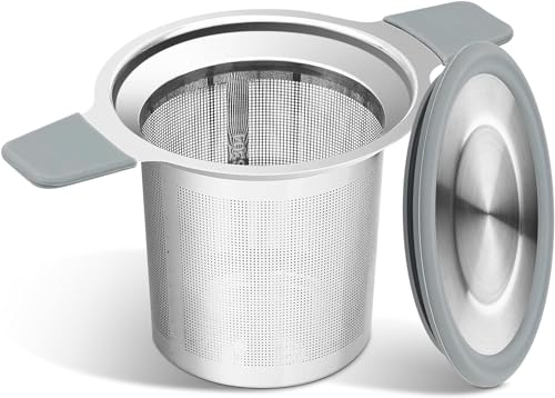 PureBru Stainless Steel Loose Leaf Tea Infuser Basket with Lid & Heat Proof Handles – Extra Fine Mesh, Dishwasher Safe Drip Tray Strainer – Ideal for Tea Lovers (Pack of 1)
