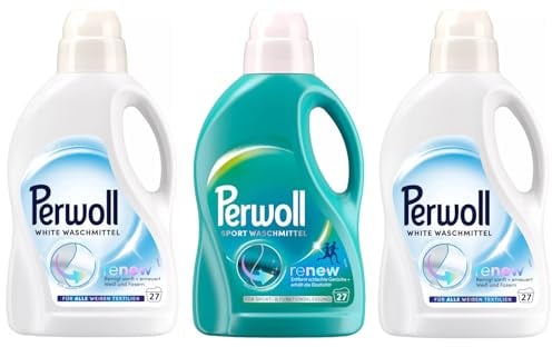 PERWOLL Flüssig-Set 3x 27 Waschladungen (81WL) 1x Sport & 2x White, Hygiene Waschmittel reinigt sanft, entfernt schlechte Gerüche & Feinwaschmittel erneuert Weiß und Fasern
