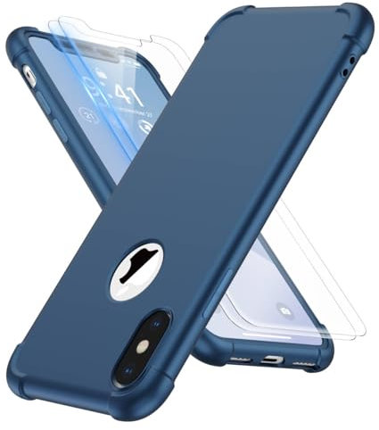 ORETECH for iPhone X/Xs Case, with [2 Pack 9H Screen Protectors] [10 Ft Military Grade Drop Test] [Camera Protection] 360 Shockproof Ultra Thin Anti Scratch Hard PC Silicone Cover - Blue