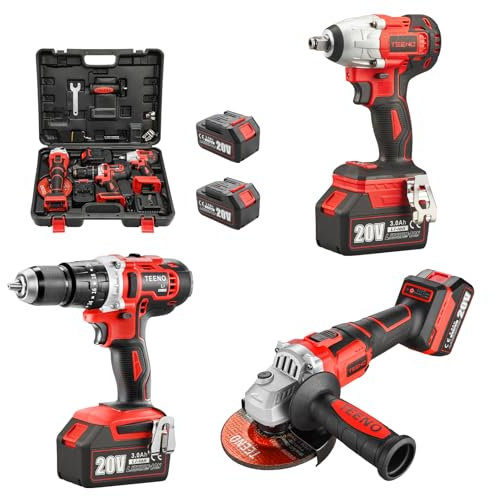 TEENO Tool Kit 3 Piece Set (Brushless Cordless Impact Wrench + Impact Drill + Brushless Angle Grinder) 20V 2 X Batterie 3Ah