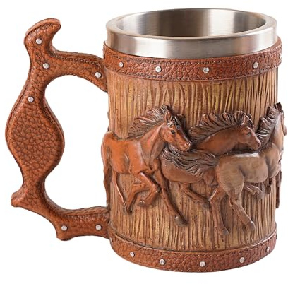 LAUGOKOBE Wooden Barrel Horse Beer Mug, 20oz Stainless Steel Horse Beer Stein Coffee Cup Horses Lover Gifts for Birthday Christmas, Renaissance Accessories Party Decoration Drinkware Gift