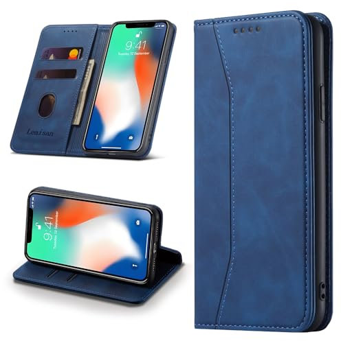 Leaisan Handyhülle für iPhone XS/X Hülle Premium Leder Flip Klappbare Stoßfeste Magnetische [Standfunktion] [Kartenfächern] Schutzhülle für iPhone XS/X 5,8 Zoll Tasche - Blau