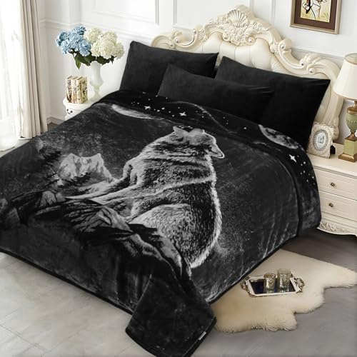 JYK Wolf-Decke, weiche Fleece-Bettdecke im koreanischen Stil, 2,6 kg, 520 g/m², warme Decke, King-Size-Größe, 210,8 x 230 cm, 2-lagig, wendbar, A&B-Muster, Männer, Erwachsene, zum