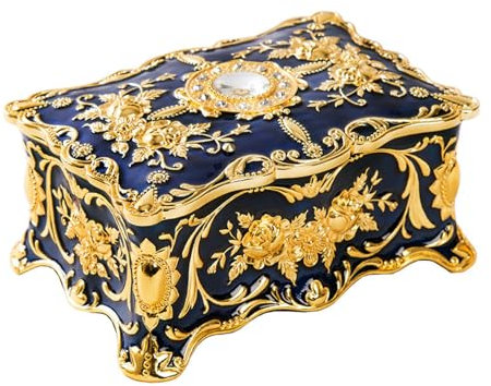 Retro Schmuckkästen，Gravur Schmuckschatulle，zweilagigmit Deckel aus Metall Schmuckbox ，Aufbewahrung Schmuckbox，9cm*6cm*4cm，Mini Europäischen Stil Antik Schmuckschatulle Emaille (Blue)