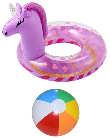 1 bouée de natation cheval arc-en-ciel, 1 ballon d'eau 6 couleurs, bouée de natation gonflable, bouée flottante avec paillettes scintillantes, bouée de natation fantaisie pour enfants, accessoires de