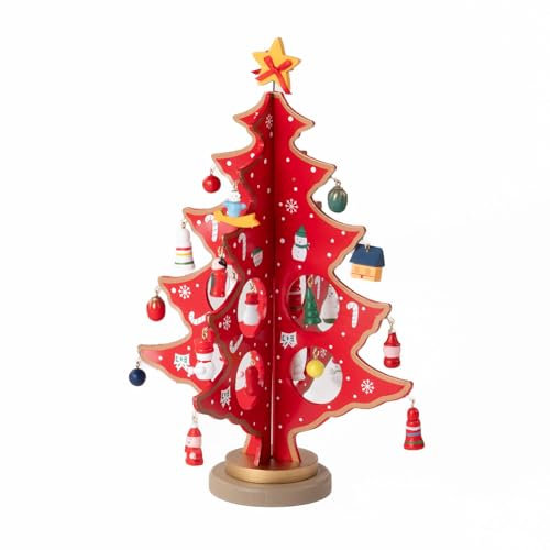 Árbol de Navidad plegable con colgantes decorativos, decoración de madera, 26 cm, color rojo