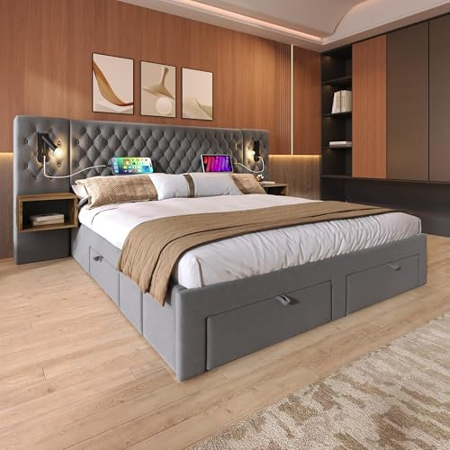 ANIROY Bettanlage Schlafzimmer Komplett Set, Polsterbett, Doppelbett mit 2 Nachttischen und 4 Schubladen, Kopfteil mit USB Ladefunktion, Samt (Grau A, 180 x 200)