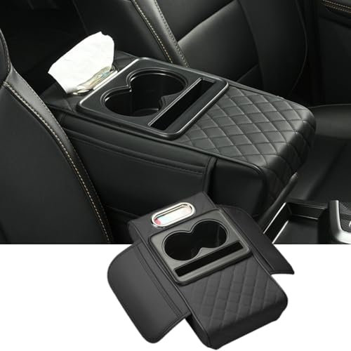 Edotim Arm Rest Cover for Car, Microfiber Leather Car Center Console Cover with 2 Storage Bags, 2 Cup Holders and a Tissue Box, Universal Car Console Covers Accessories, Black