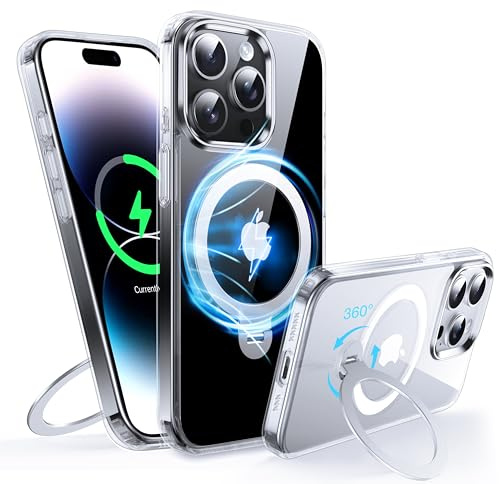 FNDMIL 360° Rotatable Magnetic Ring for iPhone 14 Pro Case with MagSafe | [Non-slip Texture Edge][Built-in Kickstand][Military Shockproof][Anti-Yellowing] Transparent Soft Silicone Bumper Slim,Clear