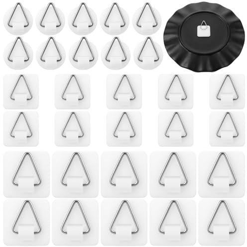 Ptwola 30 Pcs Wall Plate Hanger Display Holder Invisible Vertical Plate Holder Picture Adhesive Hooks Hanging Sticky Hanger for Home Kitchen Decorative Plastic Plates Photo Frame Wall Art