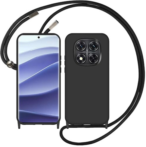Loyhee Funda con Cuerda para Xiaomi Redmi Note 14 Pro 5G / Redmi Note 14 Pro Plus, Líquida Silicona Carcasa con Cordón Ajustable Collar Correa de Cuello, Anti-Choque Case con Microfibra Forro - Negro