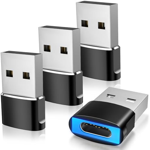 TiMOVO USB auf USB C Adapter mit LED Licht, PD27W USB C Buchse zu USB A Stecker Adapter, 4 Pack Adapter USB C auf USB Ladegerät für iPhone 16/15 Pro Max Plus, iPad, Galaxy S25/S24, CarPlay, Schwarz