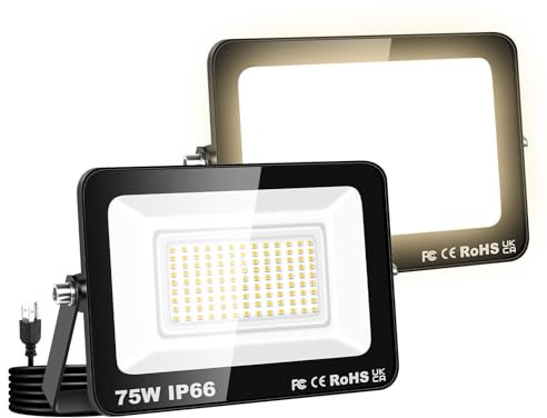 Willpower 2PCS Foco LED Exterior Interior Proyector LED 75W 7,500LM Focos de Luz 3000K Blanco Cálido IP66 Luz de Inundación Iluminación para Garaje Patio Jardín Terraza Parque Trabajo, con Enchufe