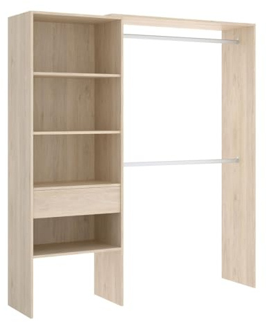 Vicawu OFFENER KLEIDERSCHRANK MIT SCHUBLADEN NEFER - Natur Ankleidezimmer mit 2 Stangen, Schublade und 4 Regalen. Offener Schrank, in den Maßen verstellbar.