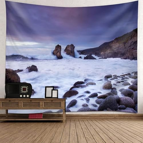 Tapisserie 350 Wandtuch Blau XXL Wellen und Steine Mikrofaser Wandtuch Aesthetic 350X256cm (Breite x Höhe)