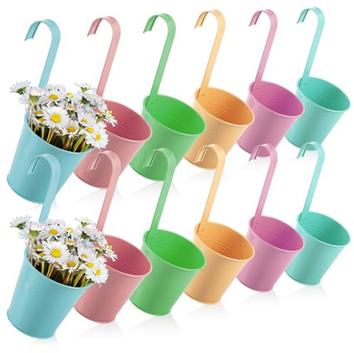 com-four® 12x Blumentopf zum Hängen für Balkon - Hängetopf in bunten Farben für Pflanzen und Kräuter - Pflanzübertopf mit Haken für Garten und Küche [Auswahl variiert] (12x Metalltopf - Mehrfarbig)