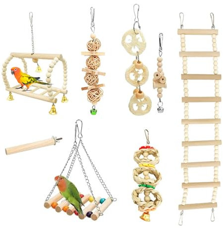 Jortmrd 8-Teiliges Vogelspielzeug, Sittichspielzeug, Papageienschaukel, Vögel Holzleiter Spielzeug, Vogelkäfig-Zubehör aus Holz, Vogelschaukel Glocken Kauspielzeug für Sittiche, Kleine Haustiere