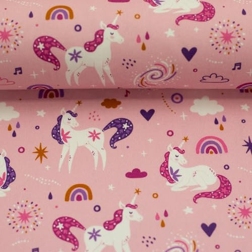 Baumwollstoff Kinder Motive Meterware – 100 % Baumwolle – 147 cm breit – Öko-Tex Standard 100 – ideal für Schultüten, Kinderkleidung, Kissen, Deko – ab 50 cm (Einhörner, rosa)