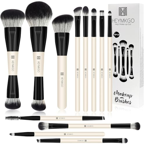HEYMKGO Set di Pennelli Make up Doppia Estremità 12PCS Professionale Pennelli da Trucco- Sintetico per Fondotinta, Cipria, Contour, Blush, Ombretti & Altro con Borsa da Conservazione
