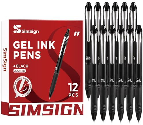 SimSign Gelstifte Set, Schwarze Tinte 0,5 mm, Geschmeidig und Schnell Trocknend, Feine Spitze, Gel Pens, Kugelschreiber, für Schule und Büro, 12 Stück