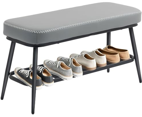 HOMCOM Schuhbank, PU-Leder Sitz, Metall Schuhbank, Grau | Aufbewahrungsregal, gepolsterte Sitzkissen, Metallrahmen, Flur, Eingangsbereich
