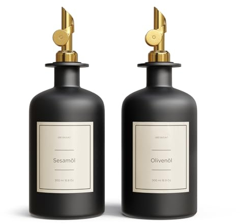 Greymount ® Essig und Ölflaschen Set - 2er Pack Ölspender 500ml | Ölflasche aus Glas mit Ausgießer Gold für Olivenöl, Essig und mehr | Perfekt für Kochen, Salate und BBQ