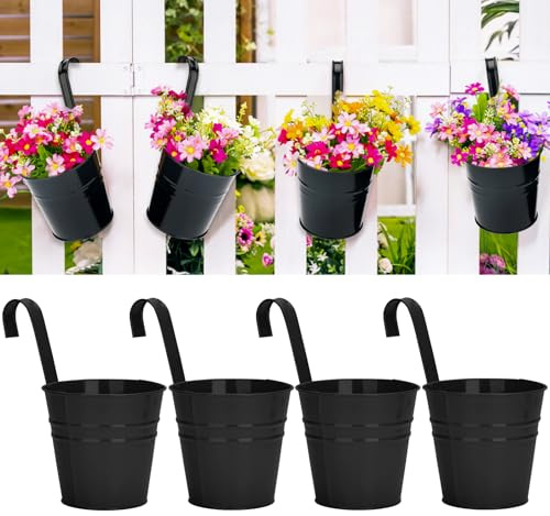 KINGLAKE 4 Stück 10cm Blumentöpfe zum Aufhängen Hängend， Schwarz Blumentopf Metall,Große Hängetopf mit Abnehmbarem Haken und Loch, für Balkon, Zäune, Fenster, Geländer