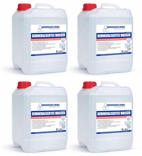 Ravensberger Chemie VE-Wasser im Kanister – demineralisiert & entionisiert nach DIN, kalkfrei – für Auto, Batterie, Haushalt, Labor & Reinigung – Ersatz für destilliertes Wasser (4x 5 Liter)