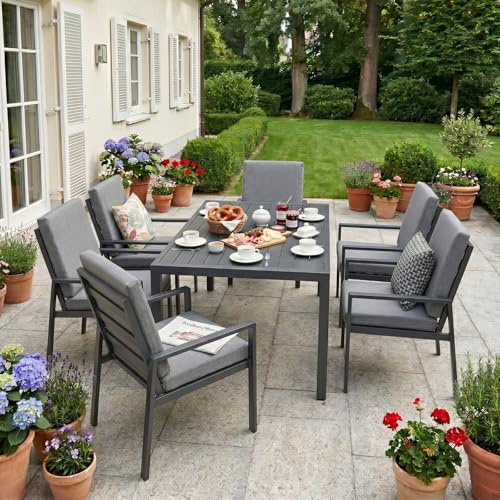 Atenza Gartenmöbel Set 7-teilig wetterfest, Tisch 140x80 cm, 6 Stühle | Rostfreies Aluminiumgestell, WPC-Tischplatte, breite Sitz- und Rückenkissen, Outdoor Essgruppe für Terrasse & Garten