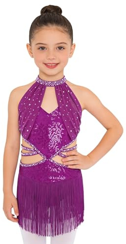 TiaoBug Costume da Ballo Latino Americano Tango Bambina con Frange Paillettes Vestito da Danza Classica Moderna con Nappe Strass Abito da Pattinaggio Artistico Lucido